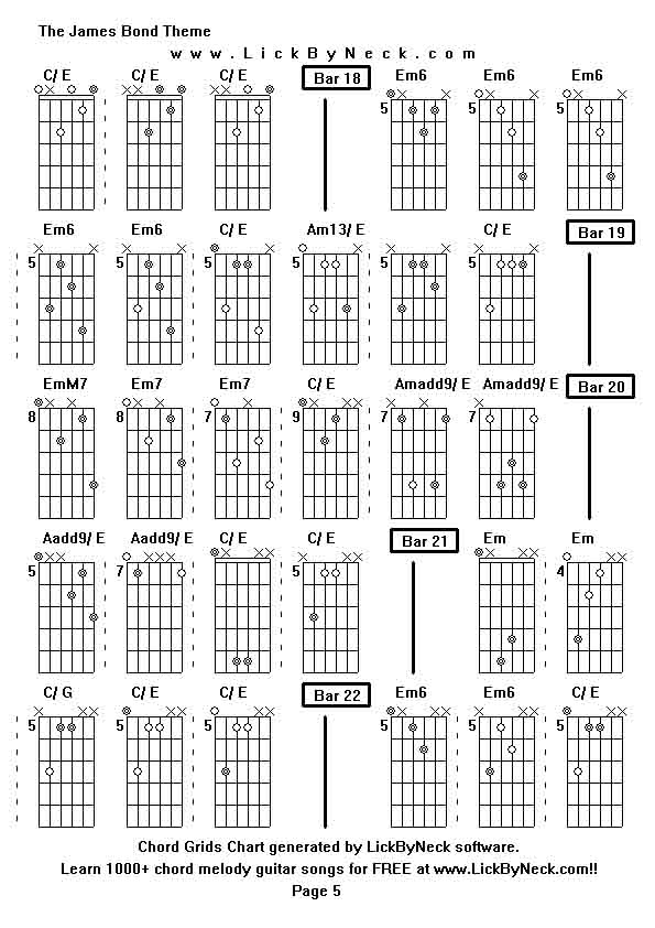 Chord Grids Chart of chord melody fingerstyle guitar song-The James Bond Theme,generated by LickByNeck software.